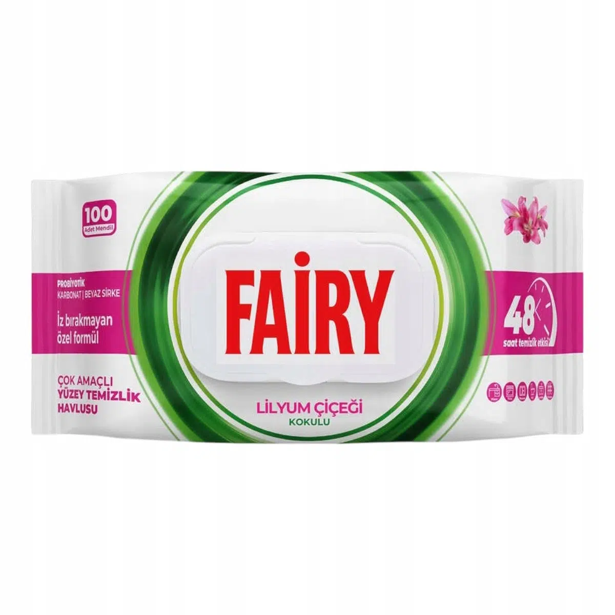 Duze-Nawilzane-Chusteczki-do-czyszczenia-uniwersalne-Fairy-Lilia-100-szt دستمال فیری سطوح با رایحه گل لیلیوم